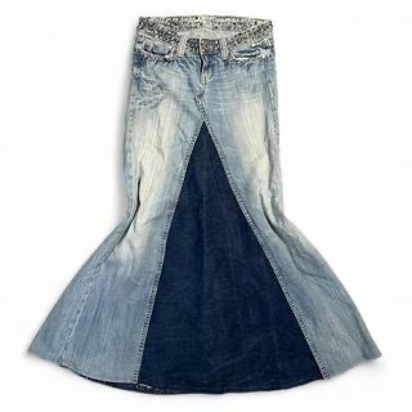 Reworked Miss Me Y2K Studded Denim Maxi Skirt Navy/Blue Size 26 - Picture 1 of 8